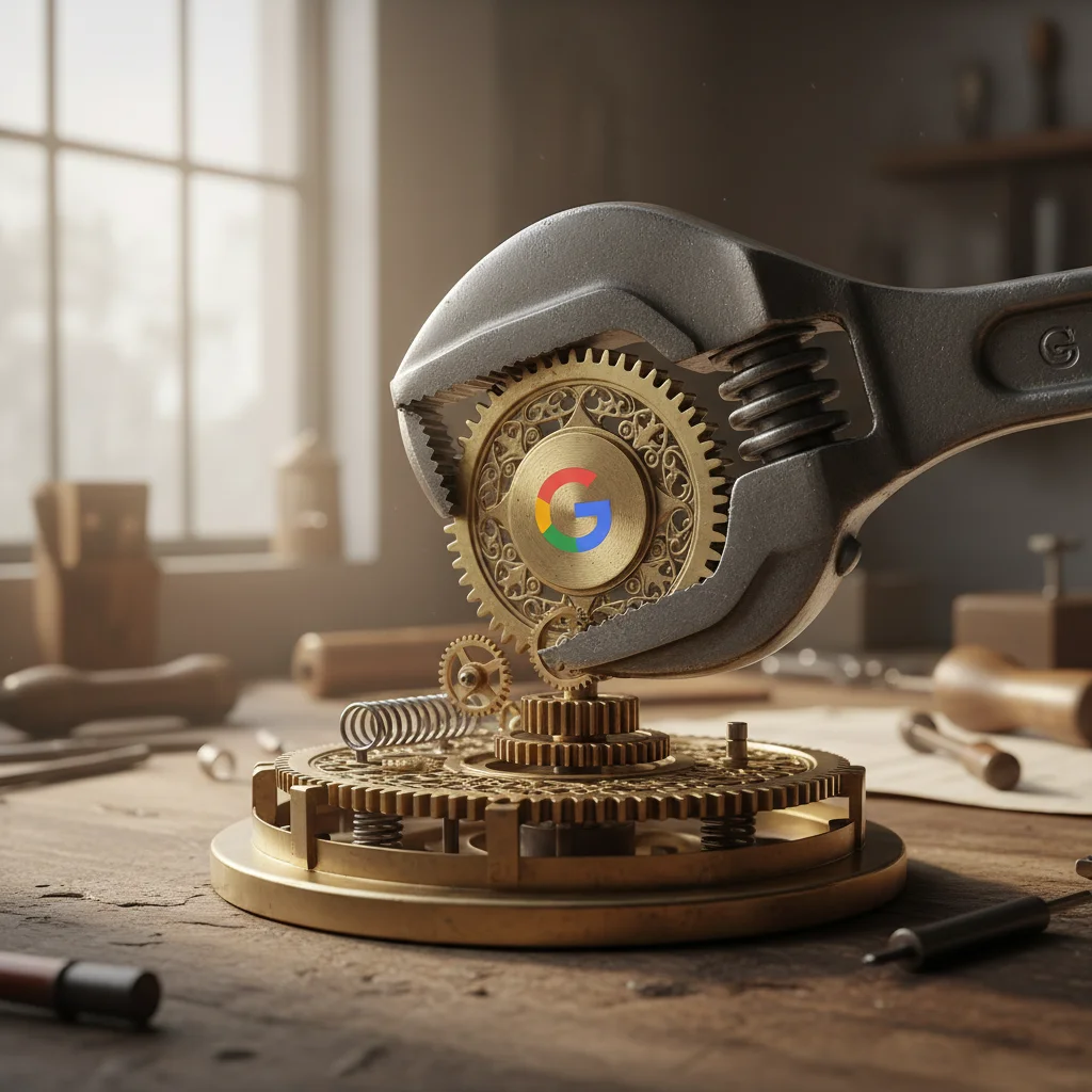 Clé à molette ajustant un engrenage avec logo Google incrusté