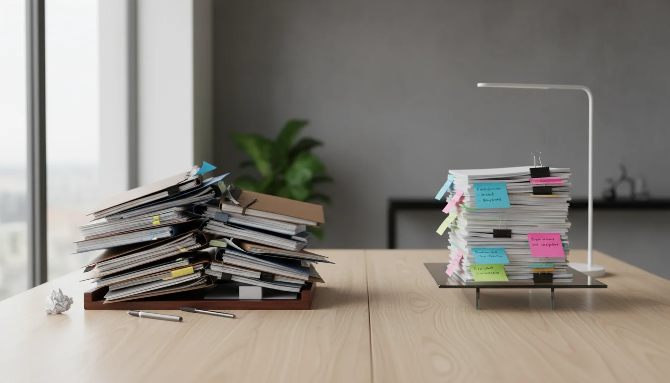 Comparaison visuelle entre contenu de masse et contenu stratégique sur un bureau professionnel