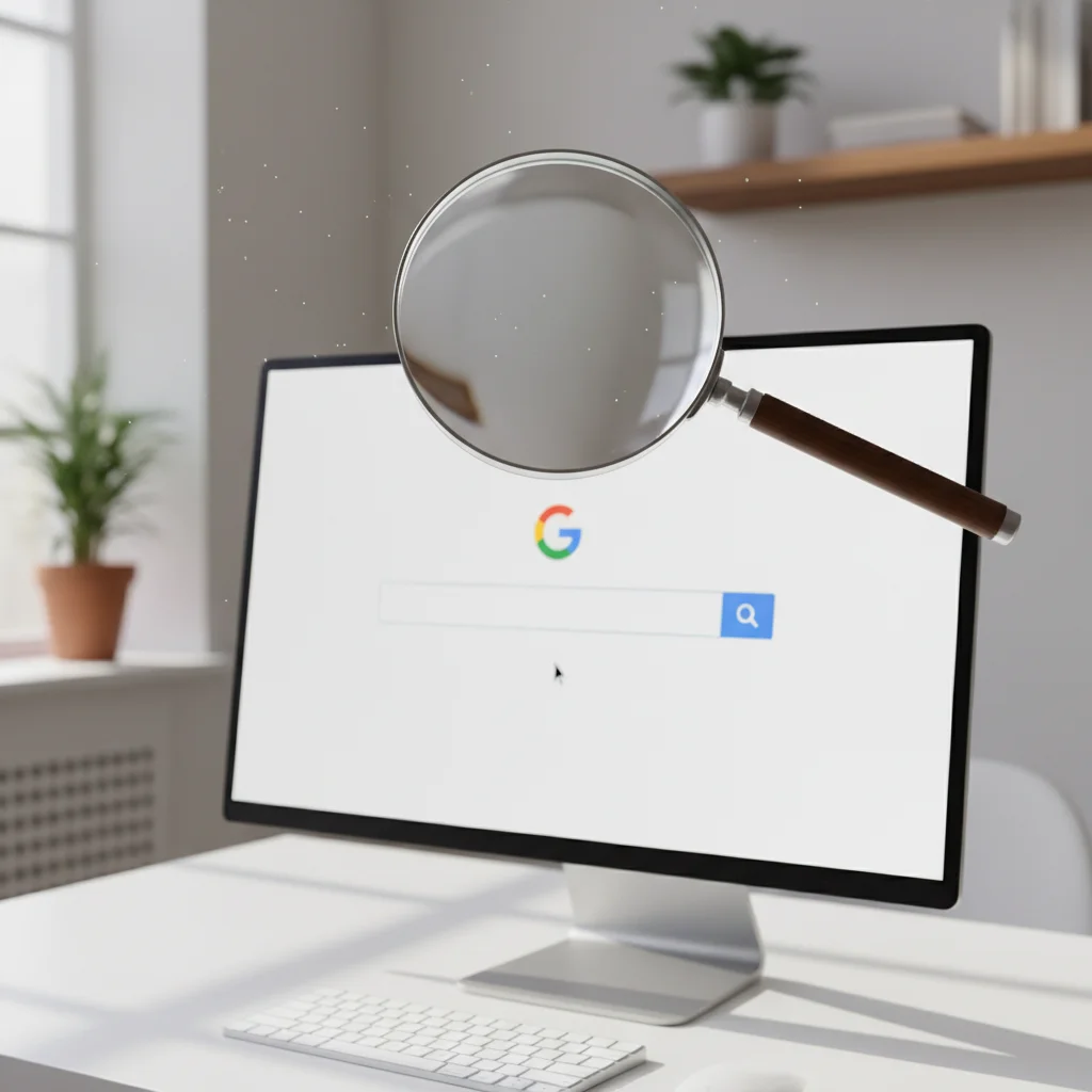 Loupe scrutant l'écran d'un ordinateur affichant une page de recherche vide.