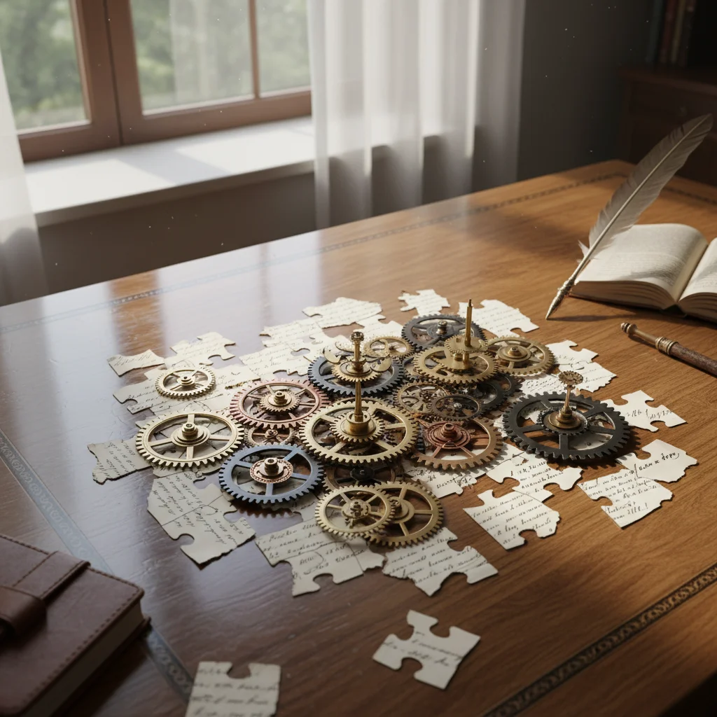 Engrenages et pages de texte formant puzzle