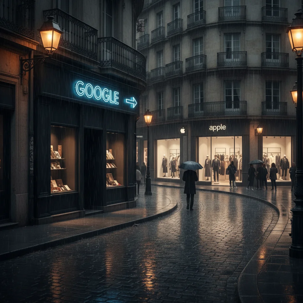 Vitrine de magasin sombre avec enseigne Google vers un concurrent