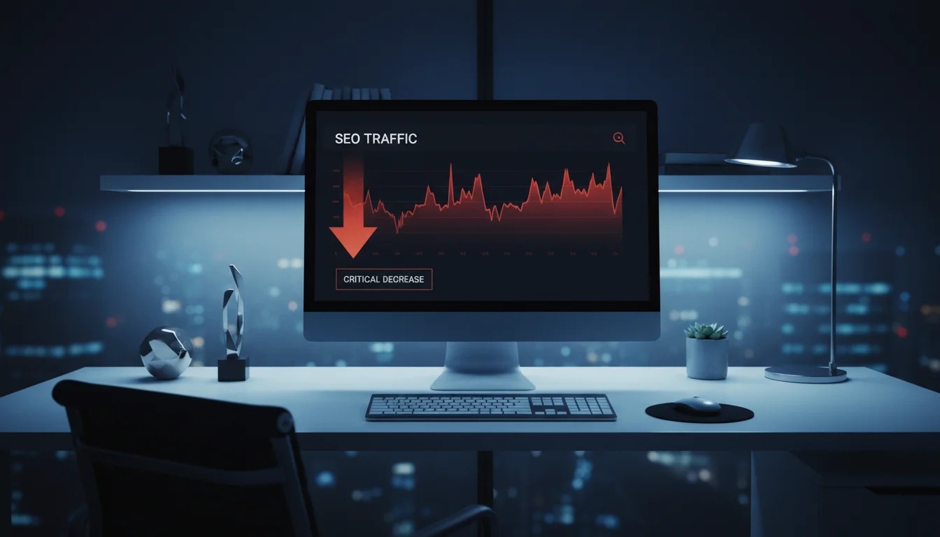 Courbe de trafic SEO en chute sur un écran d'ordinateur