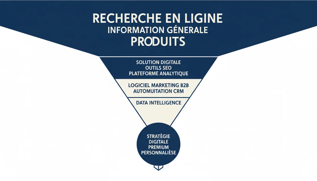 Entonnoir SEO longue traîne montrant la progression des requêtes génériques vers les requêtes spécifiques à forte intentio...