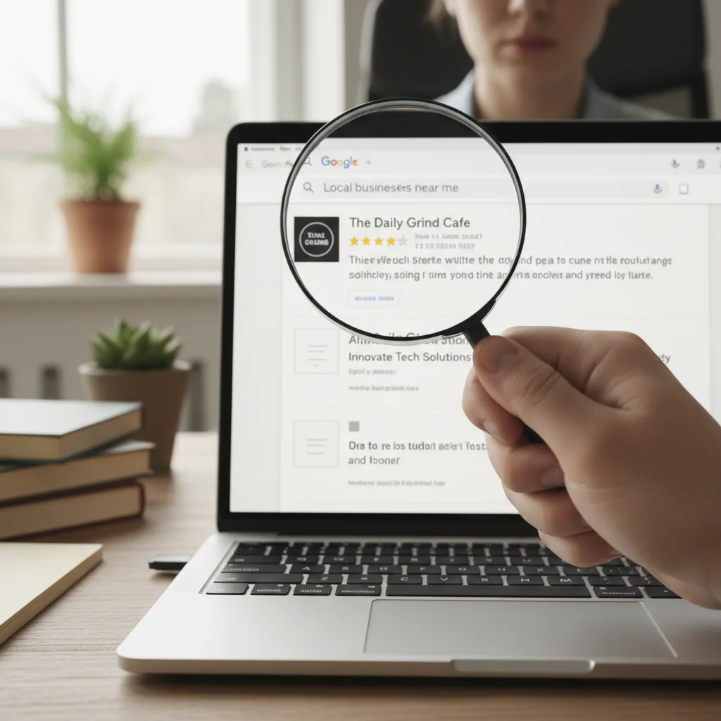 Main avec loupe examinant résultats Google sur ordinateur portable